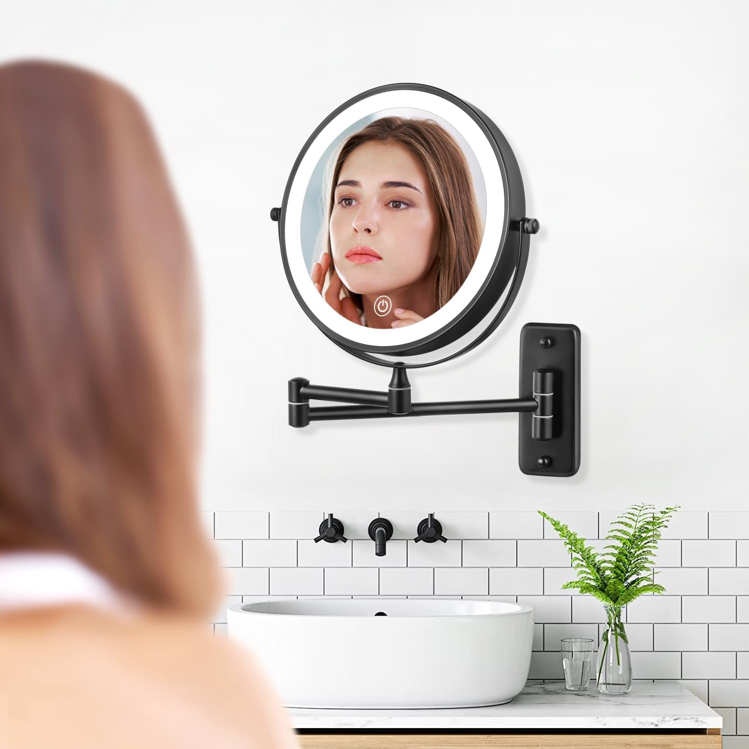 Rechargeable Wall Mounted Lighted Makeup Mirror, 8 Inch 10X Magnifying Mirror with 3 Color Lights, Dimmable Touch Screen Makeup Mirror with Lights for Bathroom, Black
