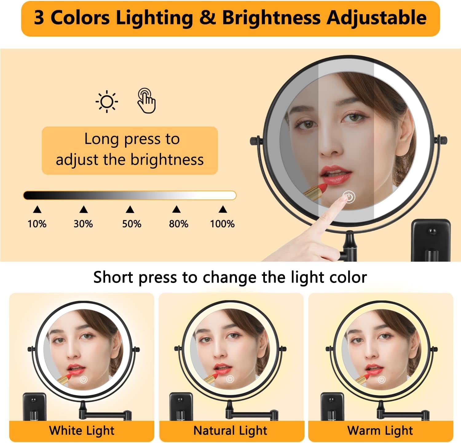 Rechargeable Wall Mounted Lighted Makeup Mirror, 8 Inch 10X Magnifying Mirror with 3 Color Lights, Dimmable Touch Screen Makeup Mirror with Lights for Bathroom, Black