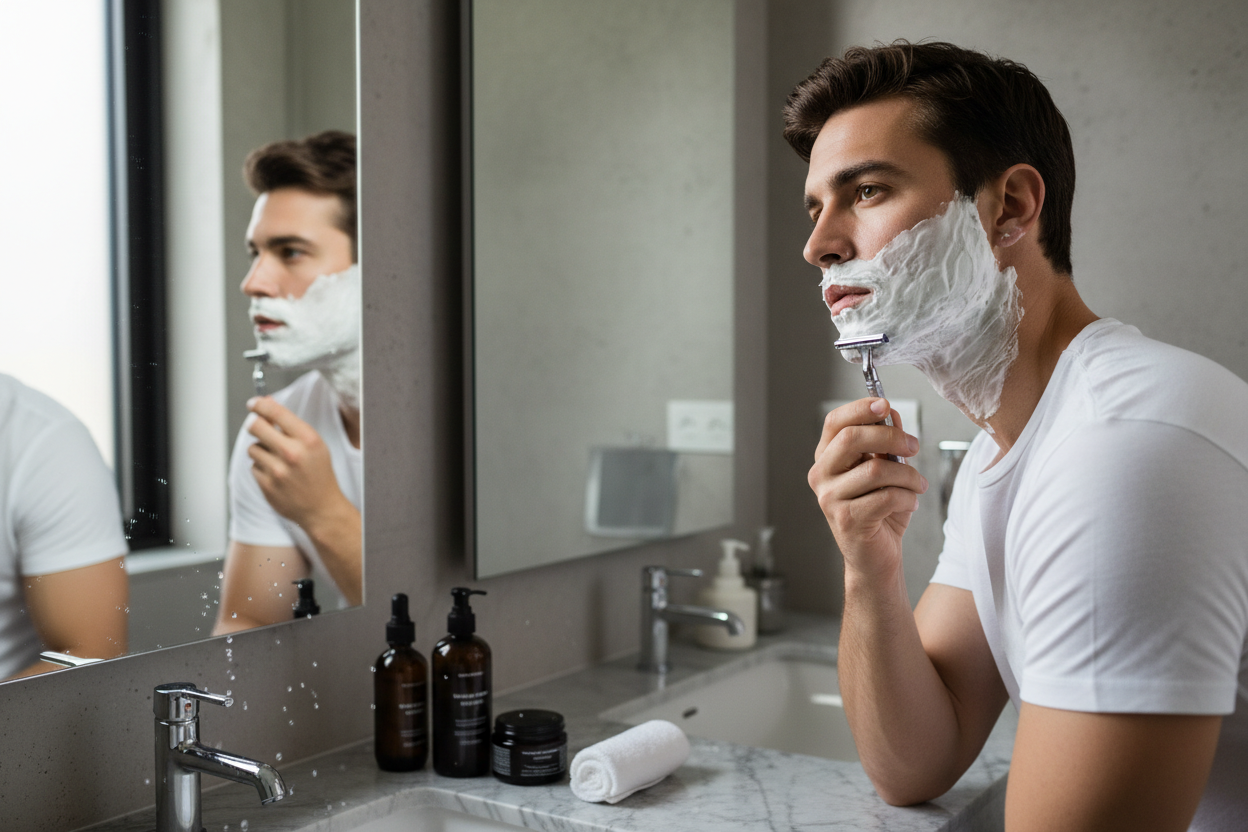 hombre guapo afeitándose 